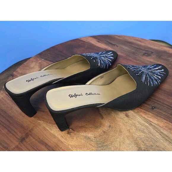 RARE Stefani Collection Beaded Silk Dress Mules Women's US8 Feather Design Black - Picture 10 of 13